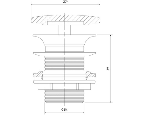 Desen al unui dop de chiuvetă cu dimensiunile de 74 milimetri diametru și 69 milimetri înălțime, precum și dimensiunea filetului G 1 1/4