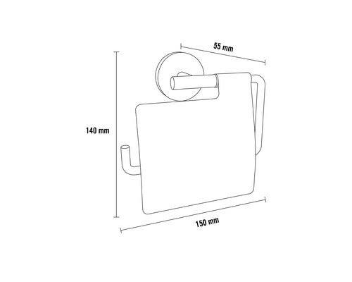Desen tehnic al unui suport de hârtie igienică cu dimensiunile de 140 mm înălțime, 150 mm lățime și 55 mm adâncime.