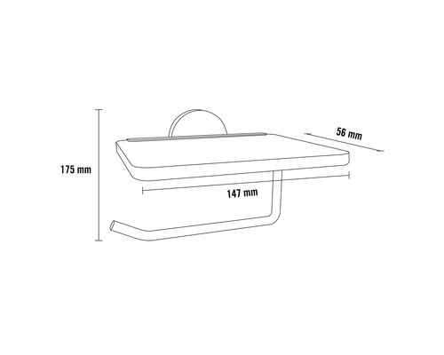 Desen tehnic al unui suport de hârtie igienică cu raft și dimensiuni