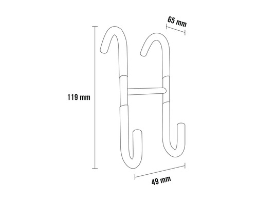 Ilustrație a dimensiunilor unui suport de agățat pe ușă: 119 mm înălțime, 65 mm lățime și 49 mm adâncime.