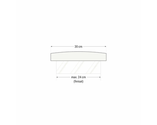 Desen tehnic al unui raft de sticlă cu lățimea de 30 de centimetri și adâncimea maximă de 24 de centimetri