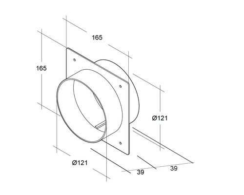 Desen tehnic al unei piese de trecere prin perete cu dimensiunile de 165, 121 și 39 milimetri