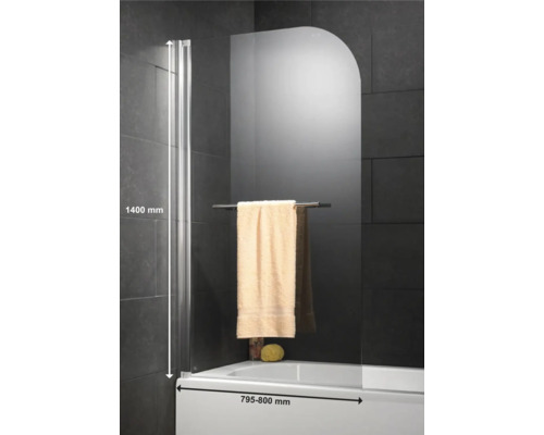 Paravan cadă Schulte, 80x140 cm, 1 element, sticlă clară, profil aluminiu Paravan de cadă din sticlă cu suport pentru prosop montat pe o cadă, dimensiuni 1400 x 795 până la 800 mm