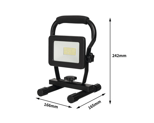 Reflector LED de șantier cu dimensiuni: 242 mm înălțime, 166 mm și 165 mm lățime