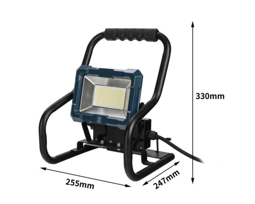 Reflector LED de șantier cu dimensiunile de 330 mm înălțime, 255 mm lățime și 247 mm adâncime.