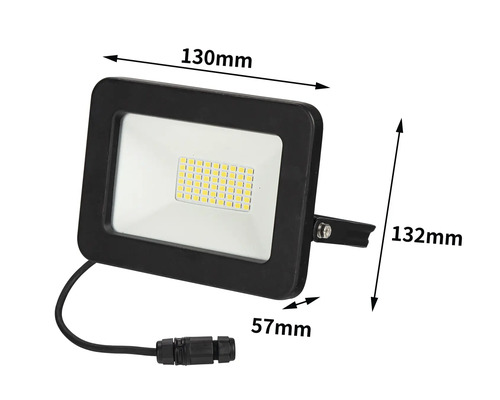 Reflector LED cu dimensiunile de 130 mm pe 132 mm pe 57 mm.