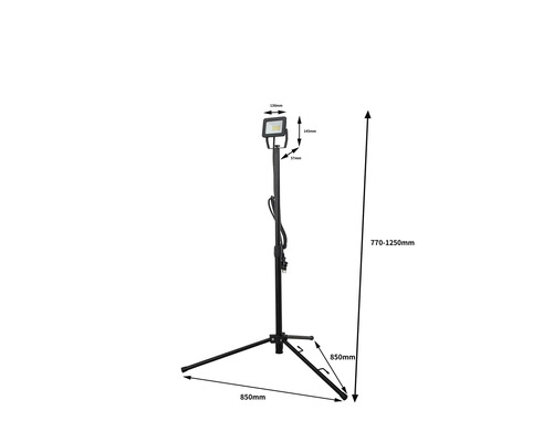 Reflector de șantier cu LED pe trepied cu dimensiunile de 770 până la 1250 milimetri înălțime și 850 milimetri lungime picior trepied