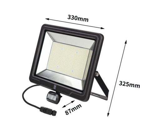 Reflector LED cu senzor de mișcare și dimensiunile 330 mm, 325 mm și 87 mm.