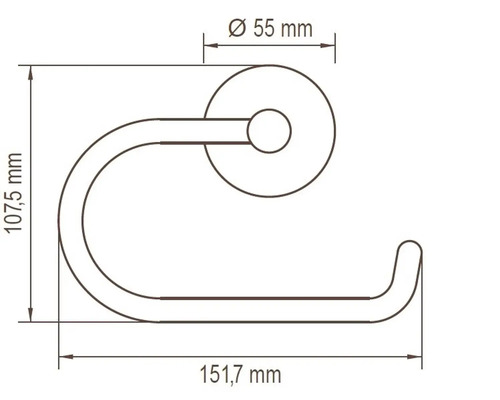 Desen dimensional al unui suport pentru hârtie igienică cu dimensiunile 107,5 mm înălțime, 151,7 mm lățime și 55 mm diametru al rozetei