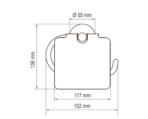 Desen tehnic al unui suport de hârtie igienică cu dimensiunile 136 mm înălțime, 152 mm lățime și 55 mm diametru