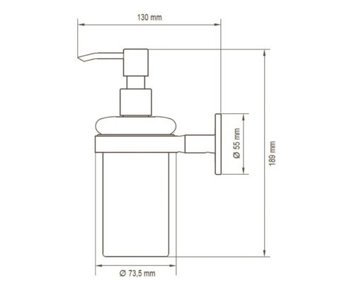 Desen tehnic al unui dozator de săpun cu dimensiuni indicate.