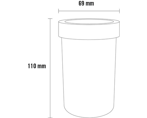 Schiță a unui recipient cu dimensiunile de 110 mm înălțime și 69 mm diametru.
