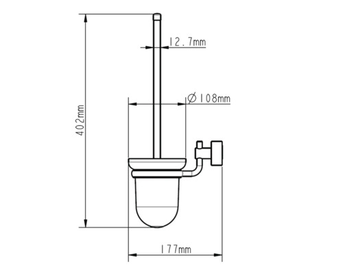 Desen tehnic al unei perii de toaletă cu dimensiunile de 402 mm înălțime, 177 mm lățime și un diametru de 108 mm