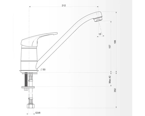 Desen tehnic al unui robinet de bucătărie cu dimensiuni