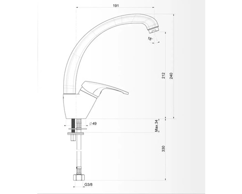 Desen tehnic al unei baterii de bucătărie cu dimensiuni.