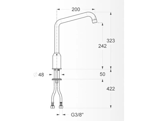 Desen tehnic al unei baterii de bucătărie cu dimensiuni.