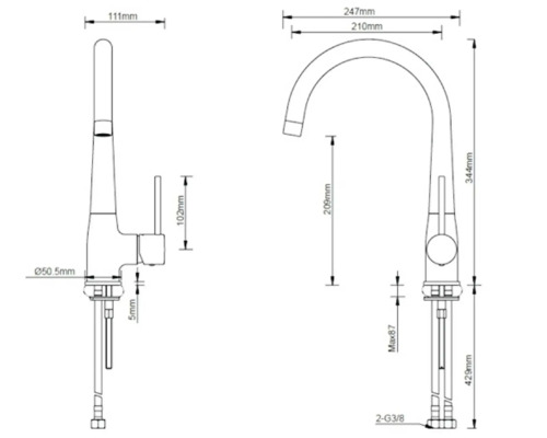 Desen tehnic al unei baterii de bucătărie cu dimensiuni