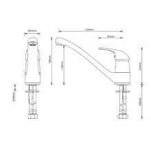 Desen tehnic al unei baterii de bucătărie cu dimensiuni