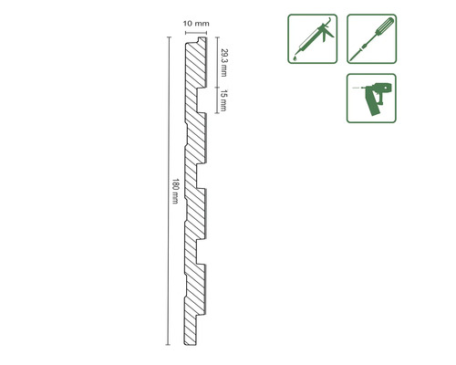 Desen tehnic al unei plinte cu dimensiunile de 180 milimetri lungime, 10 milimetri grosime și 29,3 milimetri lățime