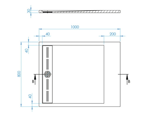 Desen tehnic al unei cădițe de duș cu dimensiuni