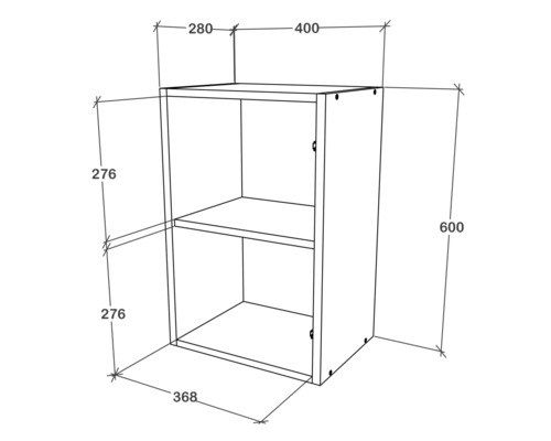 Desen tehnic al unui dulap de perete cu două rafturi și dimensiuni