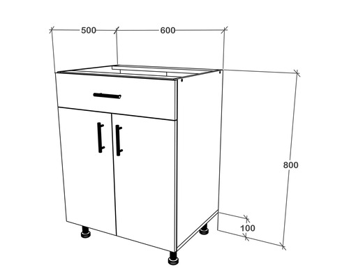 Desen tehnic al unui corp inferior cu sertar, două uși și dimensiuni