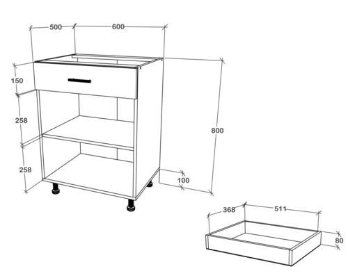 Desen tehnic al unui corp inferior de bucătărie cu sertar și compartiment, inclusiv dimensiuni.