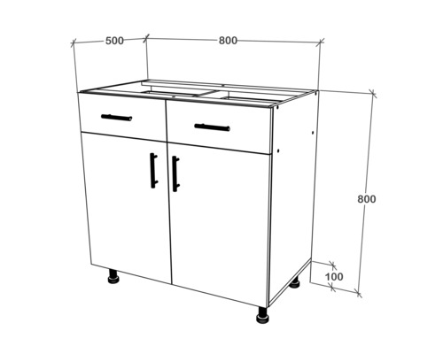 Desen al unui dulap de bază pentru chiuvetă cu sertare și uși, înălțime 800 mm, lățime 800 mm, adâncime 500 mm
