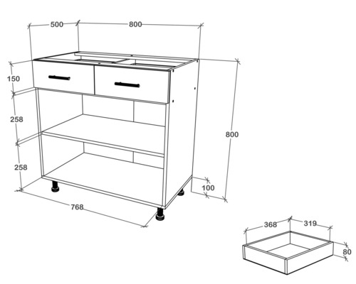 Desen tehnic al unui dulap inferior cu sertare și dimensiuni