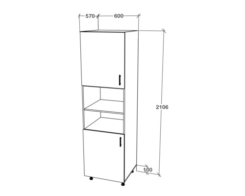Desen tehnic al unui dulap înalt cu două uși și rafturi deschise, dimensiuni 2106 x 600 x 570 mm