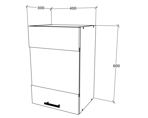 Schiță a unui dulap suspendat de bucătărie cu dimensiunile de 300, 400 și 600 milimetri