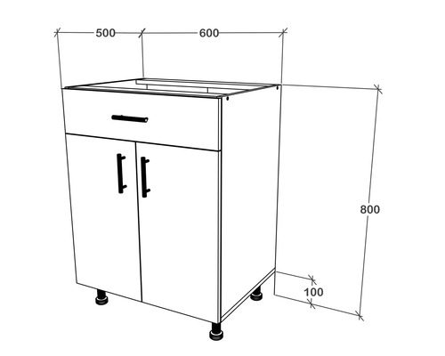 Desenul unui dulap de bază pentru lavoar cu sertar, două uși și indicații de măsurare