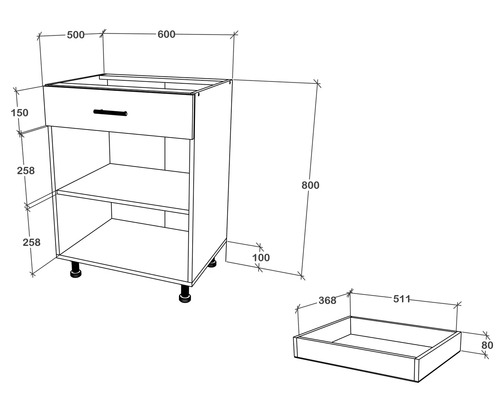 Desen tehnic al unui dulap inferior cu sertar și rafturi, dimensiunile sunt indicate