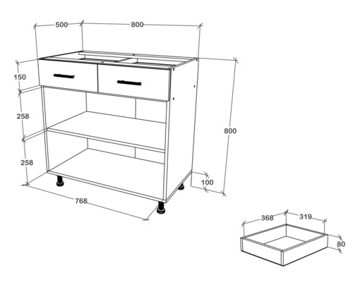 Desen tehnic al unui dulap de bază pentru lavoar cu sertare și dimensiuni