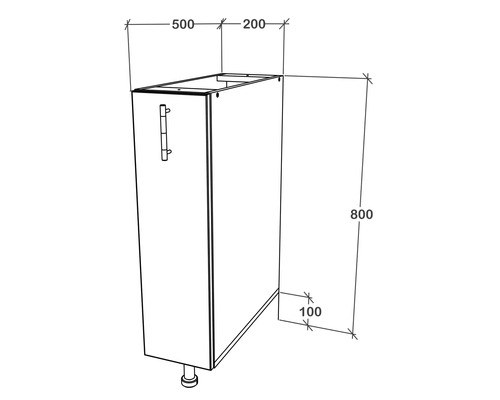 Desen tehnic al unui dulap inferior cu dimensiunile 500 x 200 x 800 mm și un soclu de 100 mm.