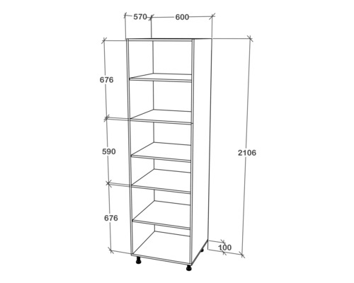 Desen tehnic al unui dulap cu rafturi și dimensiuni