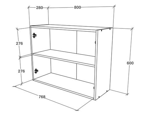Desen tehnic al unui dulap suspendat cu dimensiunile 600 x 800 x 280 mm.