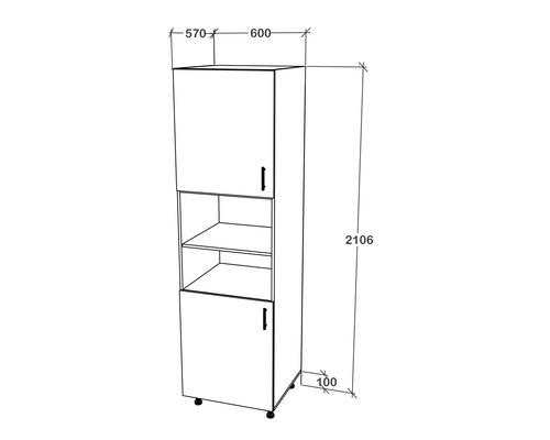 Desen tehnic al unui dulap înalt cu două uși și rafturi deschise cu dimensiuni.