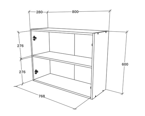Desen tehnic al unui dulap suspendat cu dimensiuni.