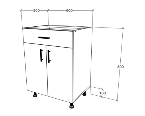 Schiță a unui dulap de bază cu sertar și două uși plus dimensiuni.