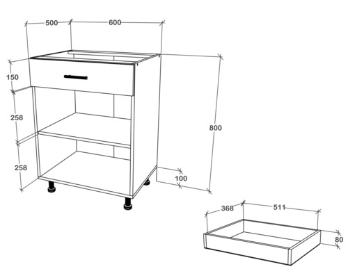 Desen tehnic al unui dulap inferior cu sertar și compartimente deschise cu indicații de dimensiuni
