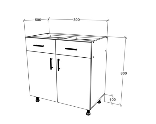 Desen al unui dulap sub chiuvetă cu sertare și uși, cu dimensiuni incluse.