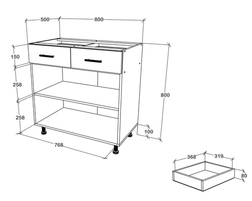 Desen tehnic al unui dulap de bază pentru lavoar cu sertare și raft cu dimensiuni