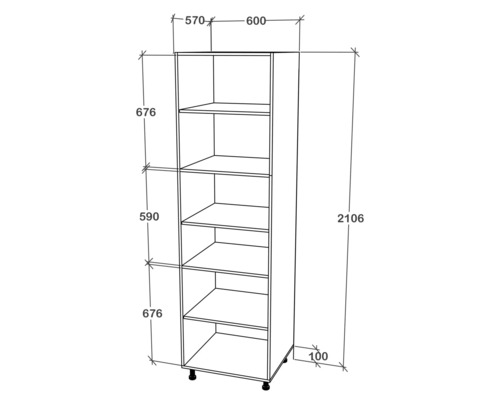 Desen tehnic al unui dulap cu rafturi cu dimensiuni