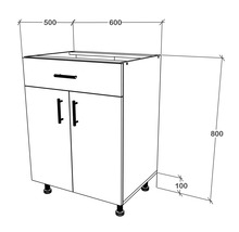 Desen al unui dulap de bază pentru lavoar cu sertar și două uși, dimensiuni 500, 600 și 800 mm