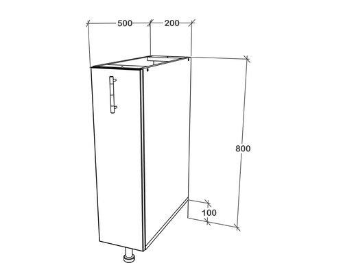Schiță a unui dulap inferior cu dimensiuni.