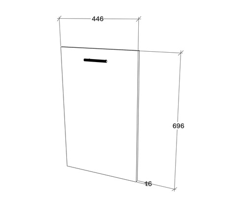 Desen tehnic al unui dulap de baie cu dimensiunile de 446 mm lățime, 696 mm înălțime și 16 mm adâncime.