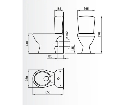 Desen tehnic al unui WC stativ cu dimensiuni.