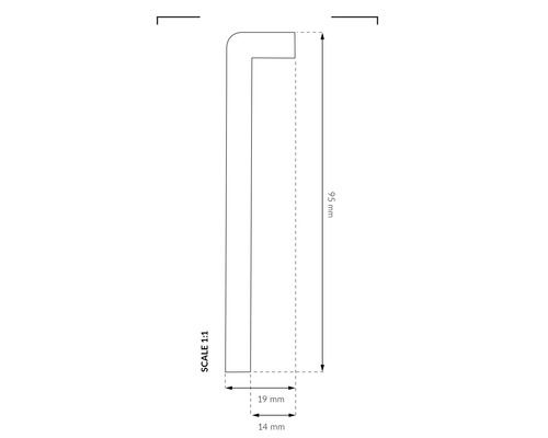 Desen tehnic al unui mâner de ușă cu dimensiunile de 95 pe 19 milimetri