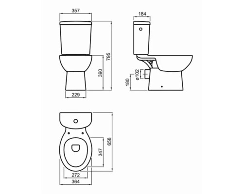 Desen tehnic al unui WC cu montaj pe podea cu dimensiuni